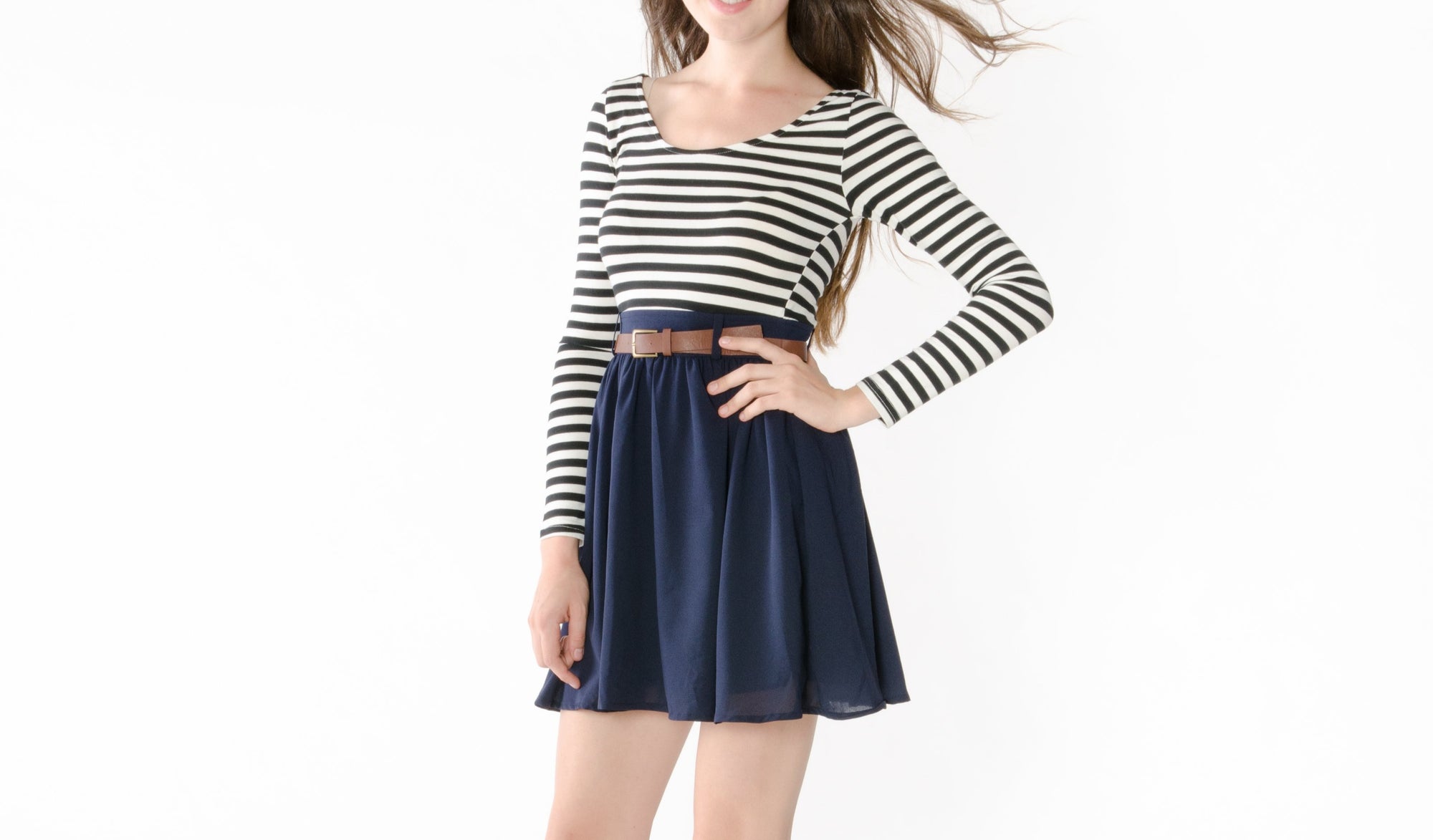 2 In 1 Striped Skater Dress With Belt (198093045783)