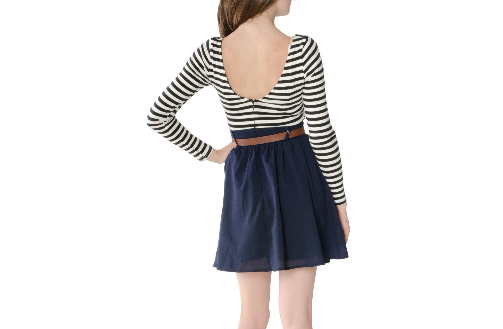 2 In 1 Striped Skater Dress With Belt (198093045783)