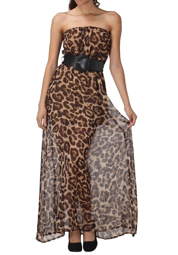 Leopard Print Strapless Maxi Dress With Belt (198101041175)