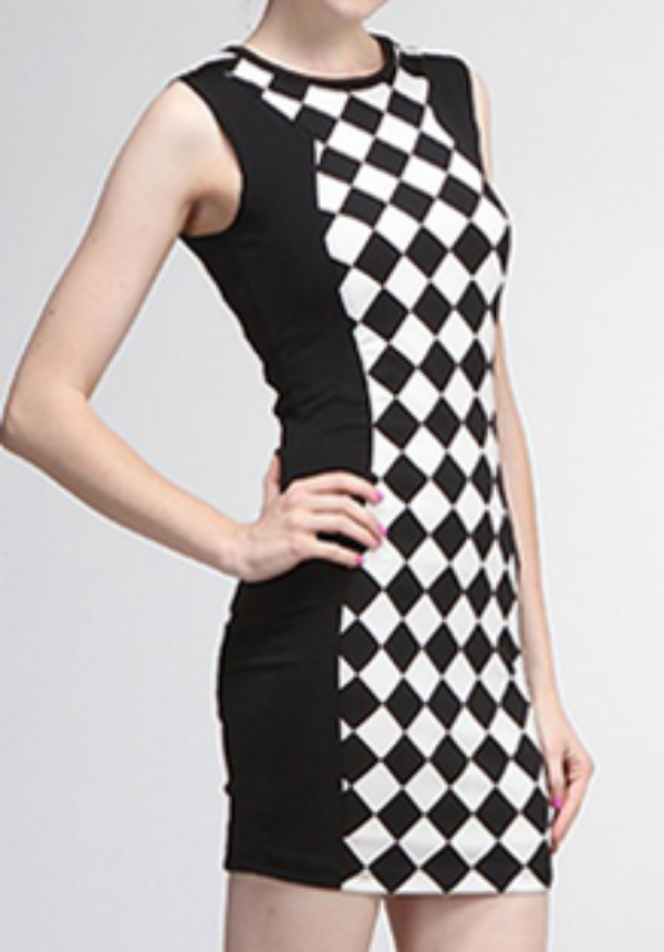 Black And White Checkered Bodycon Dress (198123028503)