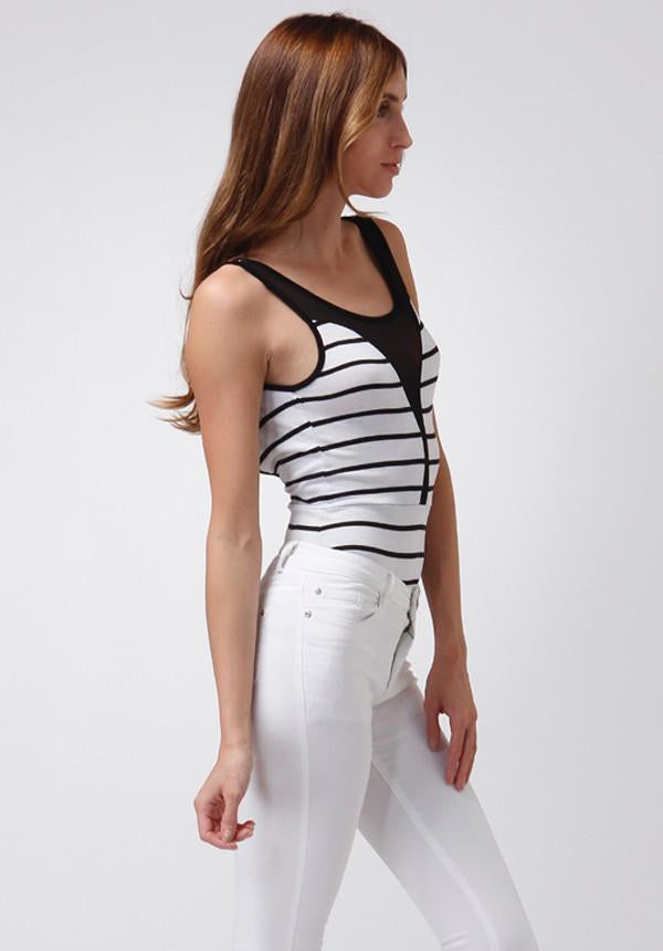 Uptown Basic Black And White Striped Mesh Bodysuit (198110183447)